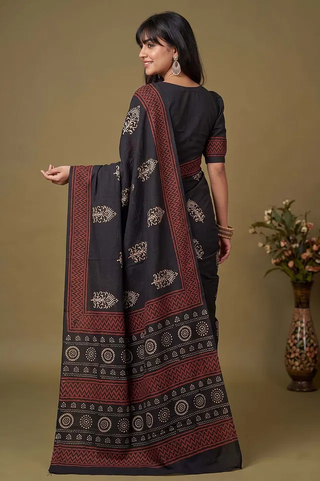 Bagru Hand Block Print Cotton Saree