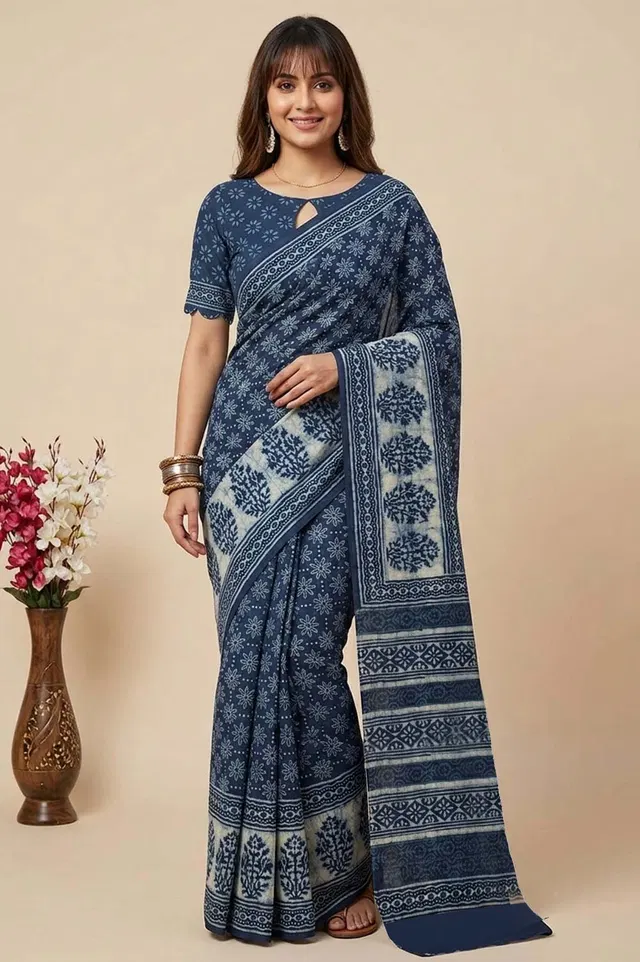 Bagru Hand Block Print Cotton Saree