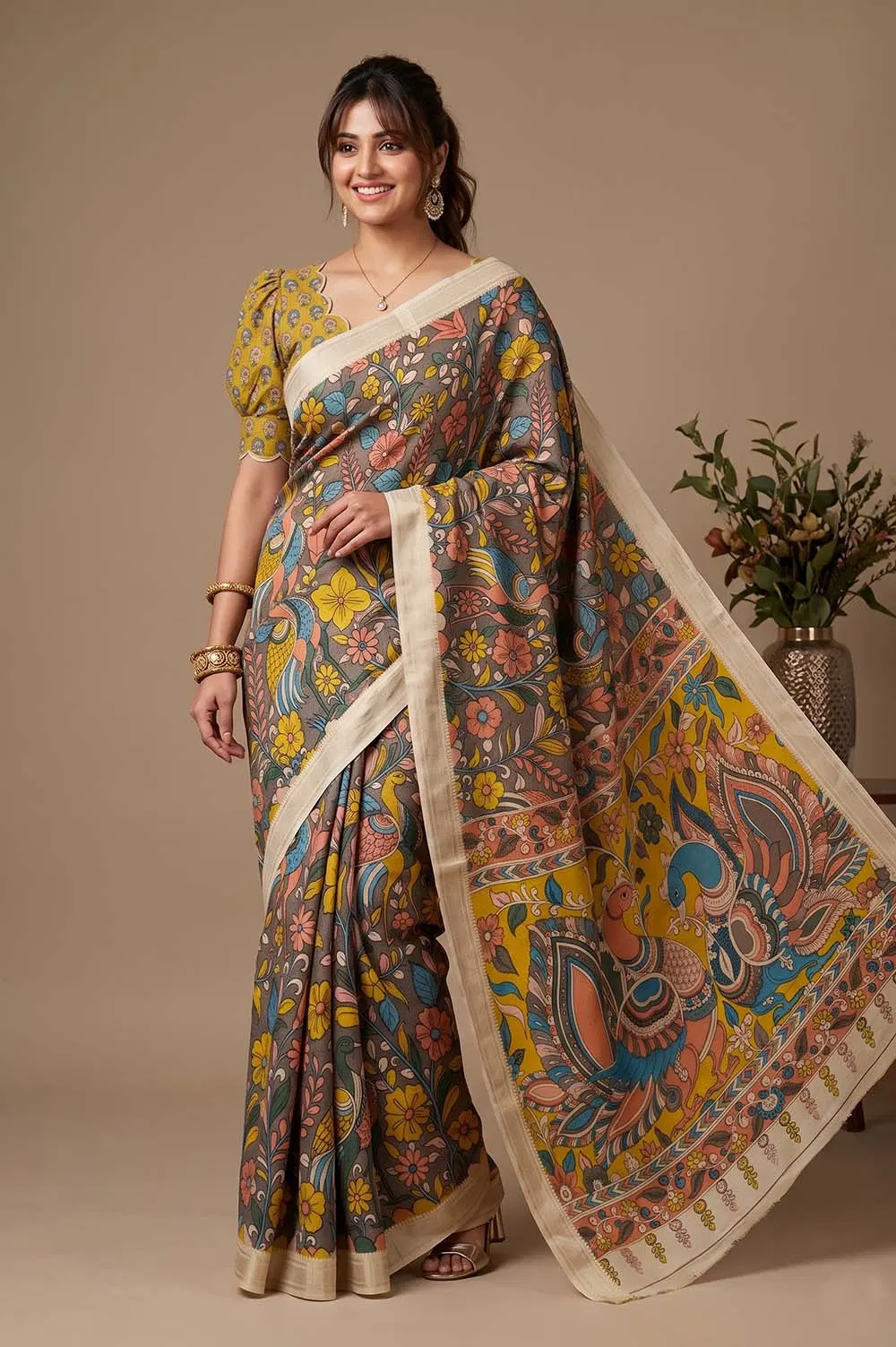 Srikalahasthi Pen Kalamkari (Vraathapani) Cotton Saree