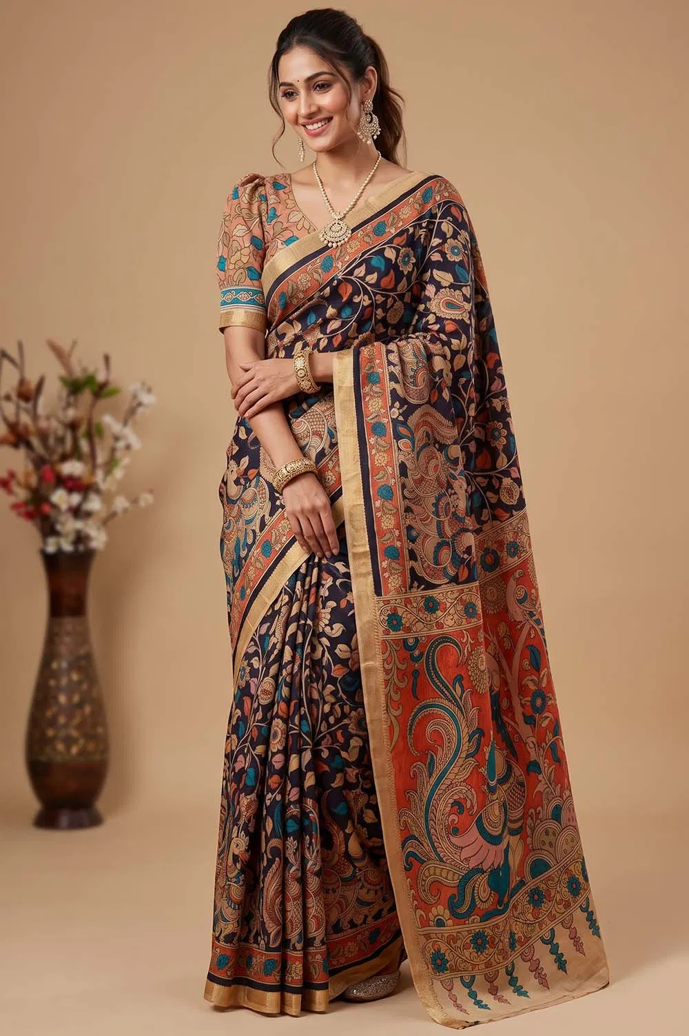 Srikalahasthi Pen Kalamkari (Vraathapani) Cotton Saree