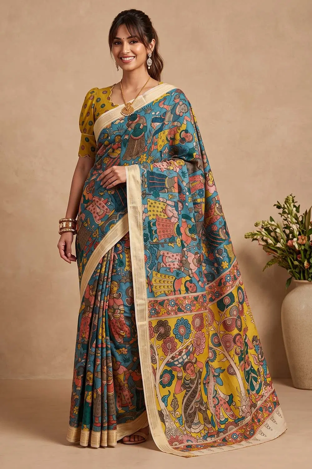 Srikalahasthi Pen Kalamkari (Vraathapani) Cotton Saree