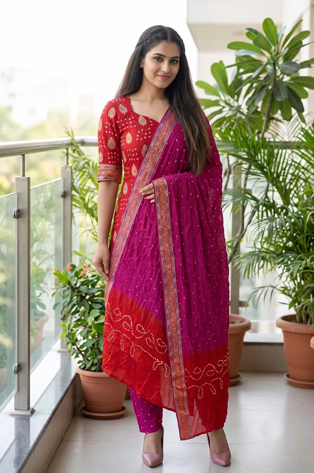 Jamnagari Bandhani Salwar Suit Dress Material (Dupion Art Silk)