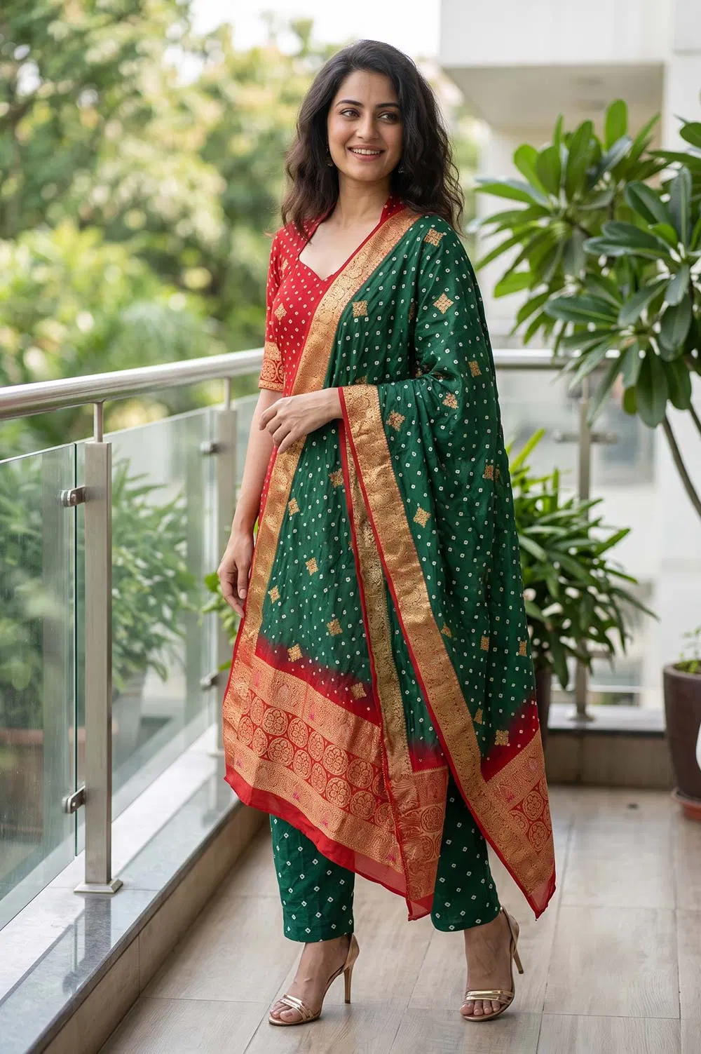 Jamnagari Bandhani Salwar Suit Dress Material (Dupion Art Silk)
