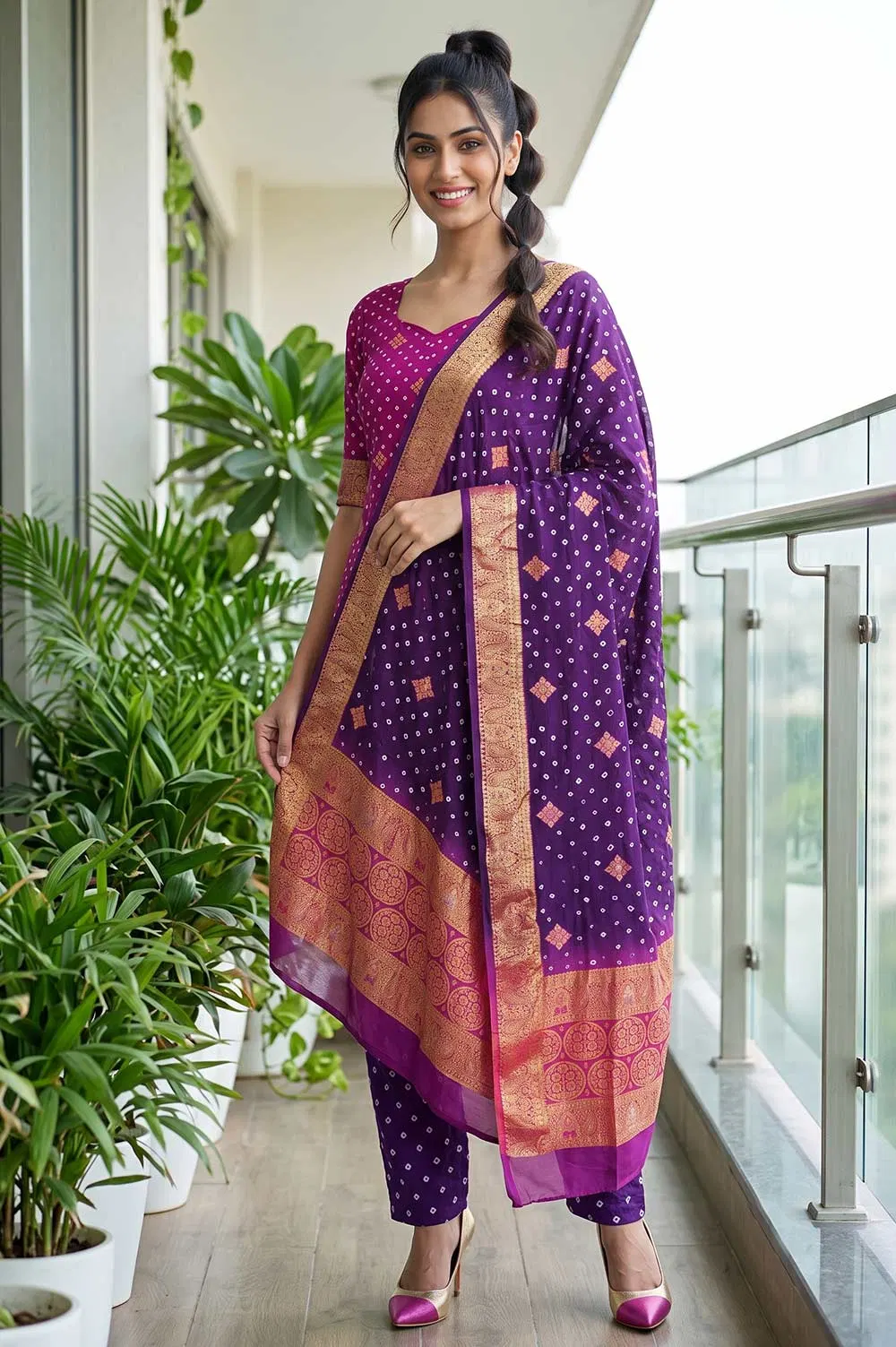 Jamnagari Bandhani Salwar Suit Dress Material (Dupion Art Silk)
