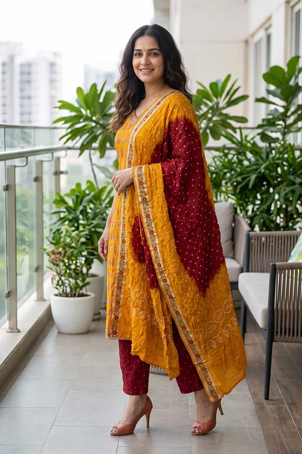 Jamnagari Bandhani Salwar Suit Dress Material (Dupion Art Silk)