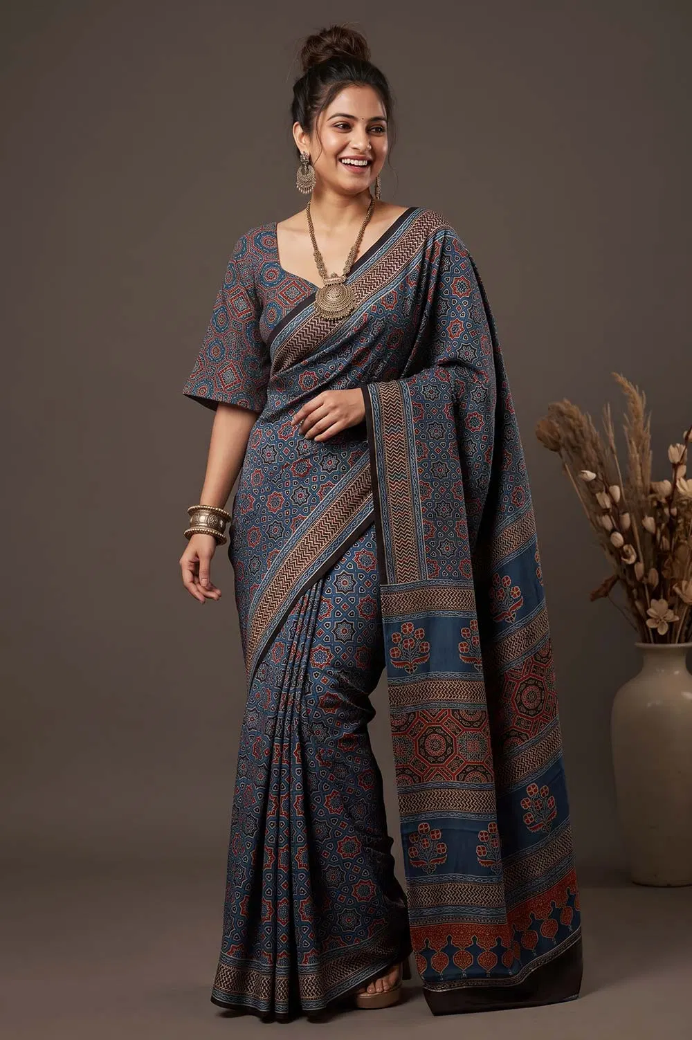 Kutch Ajrakh Hand Block Print Modal Silk Crepe Saree