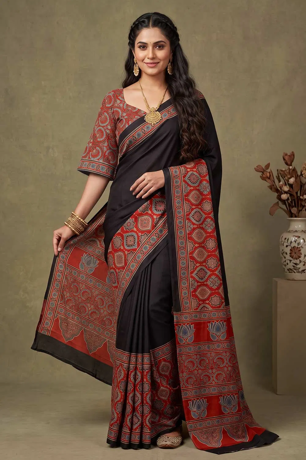 Kutch Ajrakh Hand Block Print Modal Silk Crepe Saree