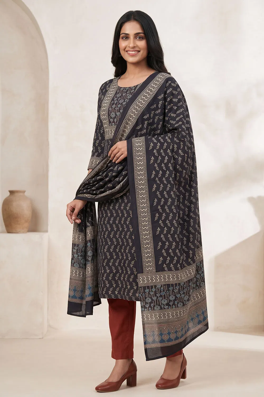 Kutch Ajrakh Hand Block Print Modal Silk Crepe Salwar Suit 2pcs (Unstitched)