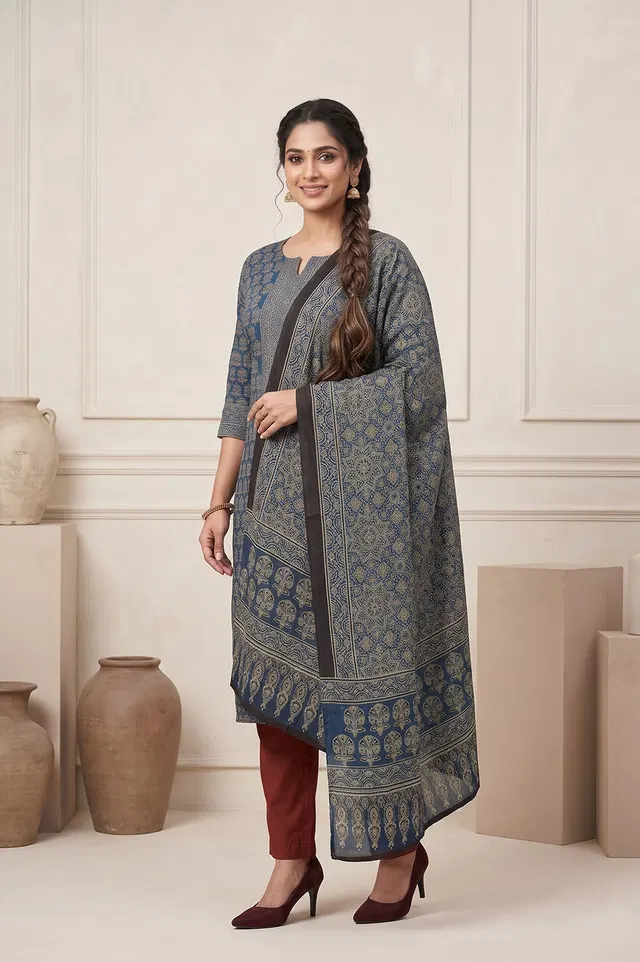 Kutch Ajrakh Hand Block Print Modal Silk Crepe Salwar Suit 2pcs (Unstitched)