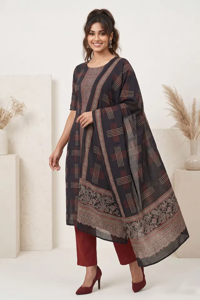 Kutch Ajrakh Hand Block Print Modal Silk Crepe Salwar Suit 2pcs (Unstitched)