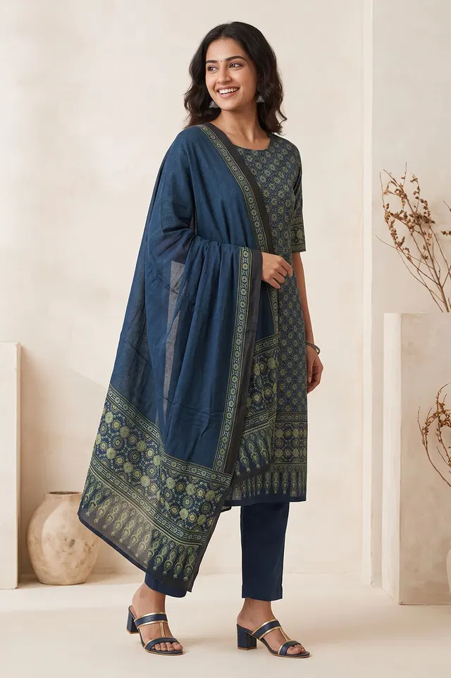 Kutch Ajrakh Hand Block Print Modal Silk Crepe Salwar Suit 2pcs (Unstitched)