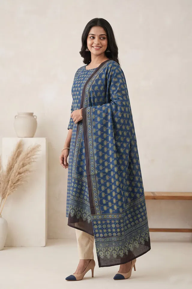 Kutch Ajrakh Hand Block Print Modal Silk Crepe Salwar Suit 2pcs (Unstitched)