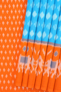 Blue-Orange Double Ikat Geometric Pattern Pure Cotton Saree (1)