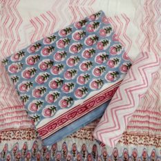 Floral-Chevron Motif Cotton Salwar Suit Material with Chiffon Dupatta – Pink-Cream