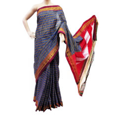 Ilkal Royal Blue-White Small Checks Cotton Silk Saree