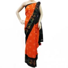 Orange-Black Double Ikat Peacock Pattern Pure Cotton Saree - Pochampally Ikat