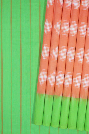 Orange-Green Double Ikat Jumbo Dotted Pattern Pure Cotton Saree Online (1)