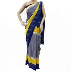 Pochampally Ikat Saree - Grey-Blue Double Ikat Geometric Pattern Pure Cotton Saree