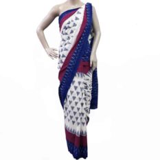 White-Blue Double Ikat Pyramid Pattern Pure Cotton Saree