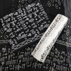 Tribal Art Pattern Cotton Salwar Suit Material with Chiffon Dupatta - Black-White