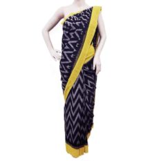 Black-Yellow Double Ikat Seamless Pattern Pure Cotton Saree - Pochampally Ikat Saree