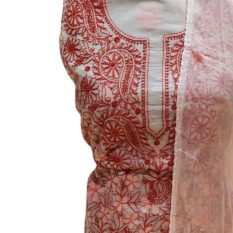 Chikankari Hand Embroidered Red Floral Design Cotton Dress Material Set 1