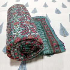 GiTAGGED Dark-Green Color Floral Motif Sanganeri Hand Block Printed Comforter 1