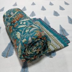 GiTAGGED Teal Color Floral Motif Sanganeri Hand Block Printed Comforter 1