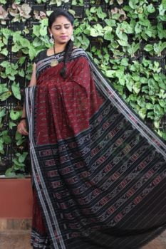 Orissa Ikat Maroon and Black Border Deha Banda Cotton Saree 1