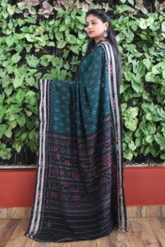 Orissa Ikat Peacock Green With Black Border Deha Banda Cotton Saree 1