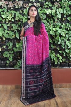 Orissa Ikat Pink With Black Border Deha Banda Cotton Saree 1