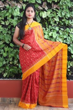 Orissa Ikat Red With Mustard Border Deha Banda Cotton Saree 1