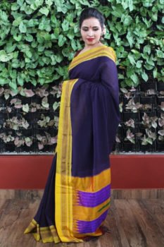 Ilkal Dark Blue With Light Green Border Cotton-Silk Saree 1