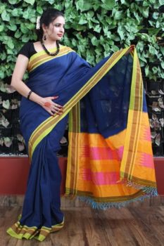 Ilkal Dark Blue with Yellow Border Cotton Saree 1