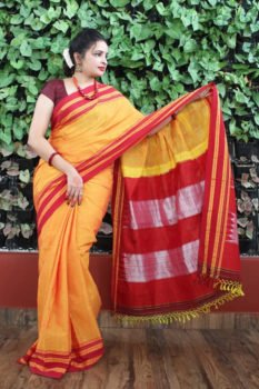 Ilkal Gloden Yellow with Red gayathri Border Cotton Saree 1