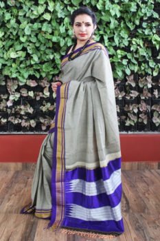 Ilkal Gray with Blue Border Cotton Saree 1
