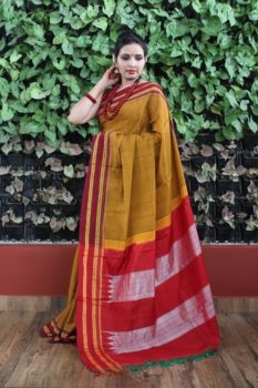 Ilkal Mustard with Dark Maroon gayathri Border Cotton-Silk Saree 1