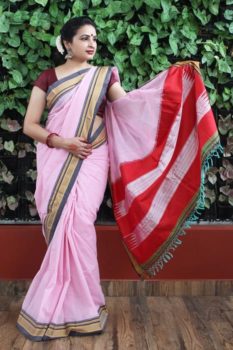 Ilkal Pink with Dark Gray Border Cotton-Silk Saree 1