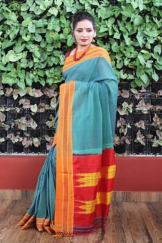 Ilkal ocean blue with Orange Border Cotton Saree 1