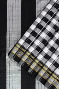 Ilkal Black & White Checks and Black Pallu Cotton-Silk Saree A1